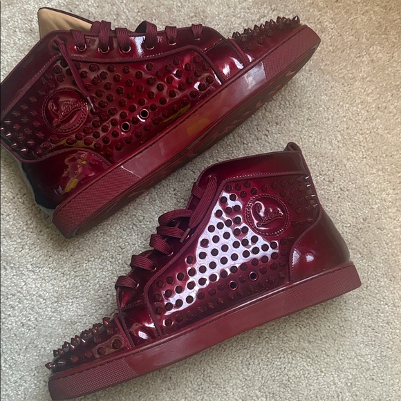 Christian Louboutin Burgundy Spiked High-Top Sneakers - Picture 3 of 3